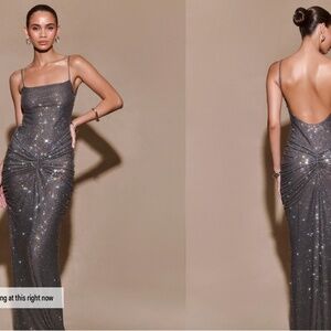 Meshki - Roisin Diamante Satin Maxi Dress Gunmetal Size Small